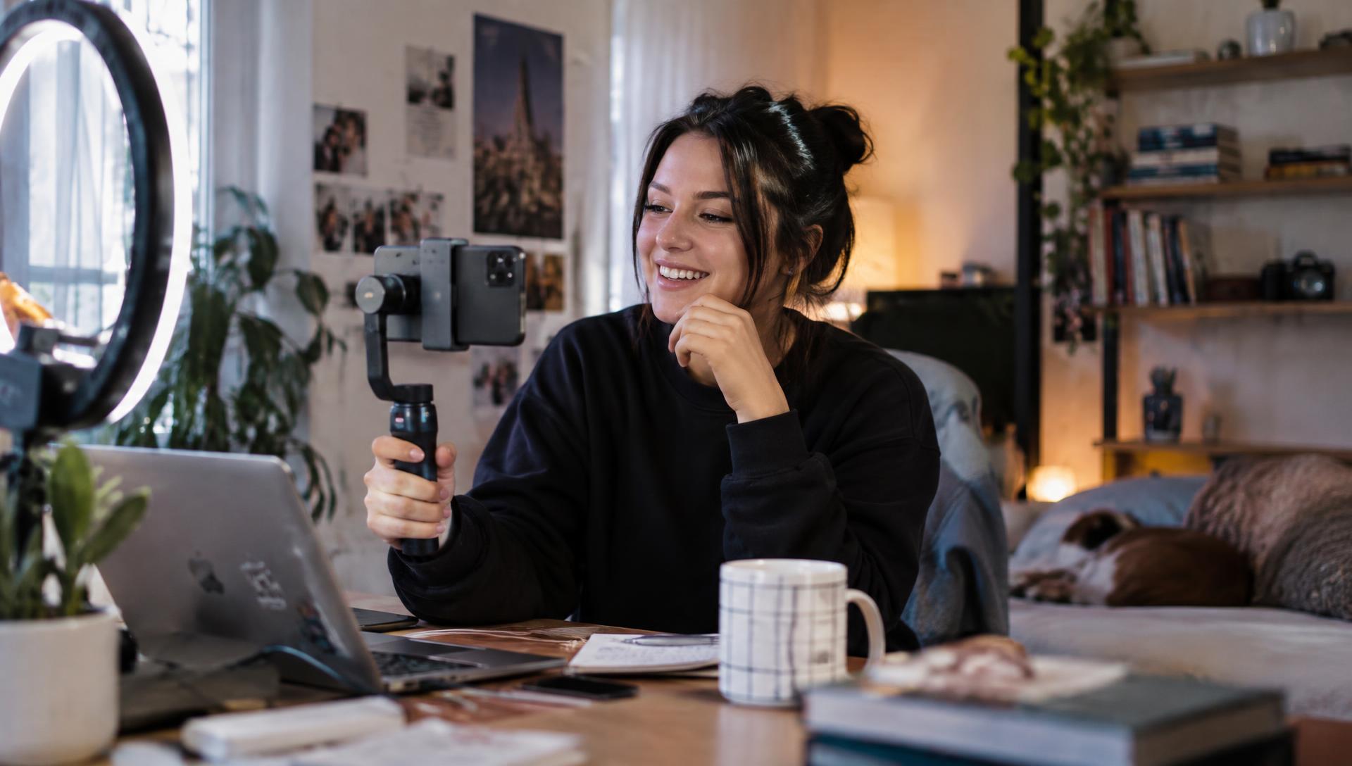 Content creator filming a video at her home studio desk